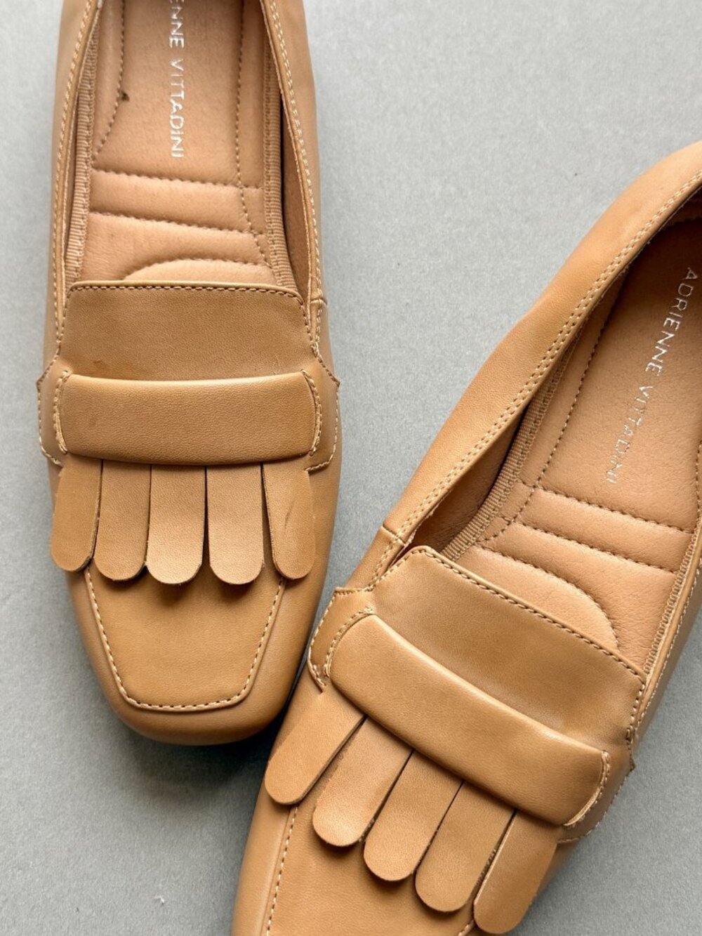 Adrienne Vittadini Camel Leather Kiltie Fringe Square Toe Loafer Size 7